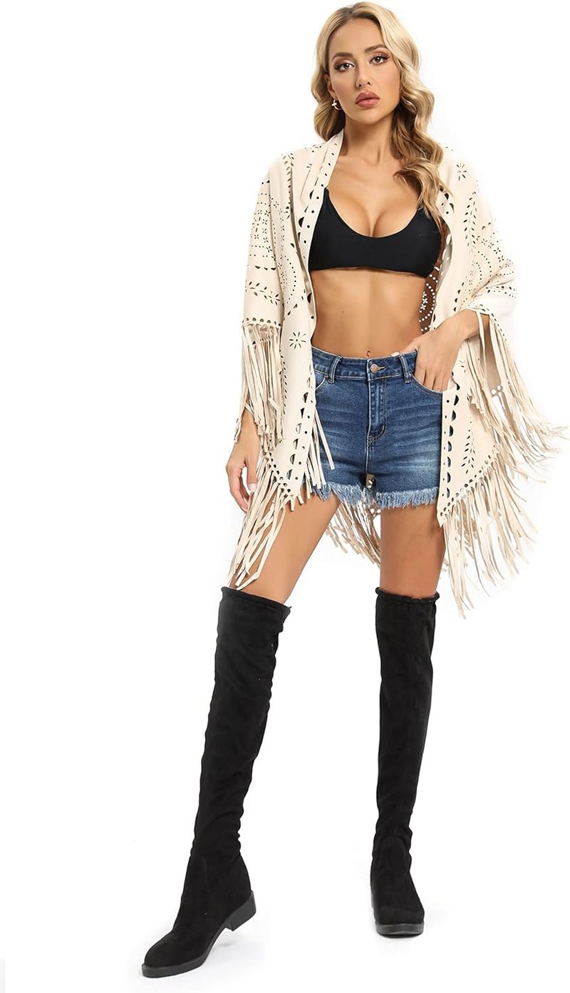 Datangep Store Fashion Women's Faux Suede Laser Cut Triangle Stoles Cape Shrug Scarf With Tassel Shawls - Image 4